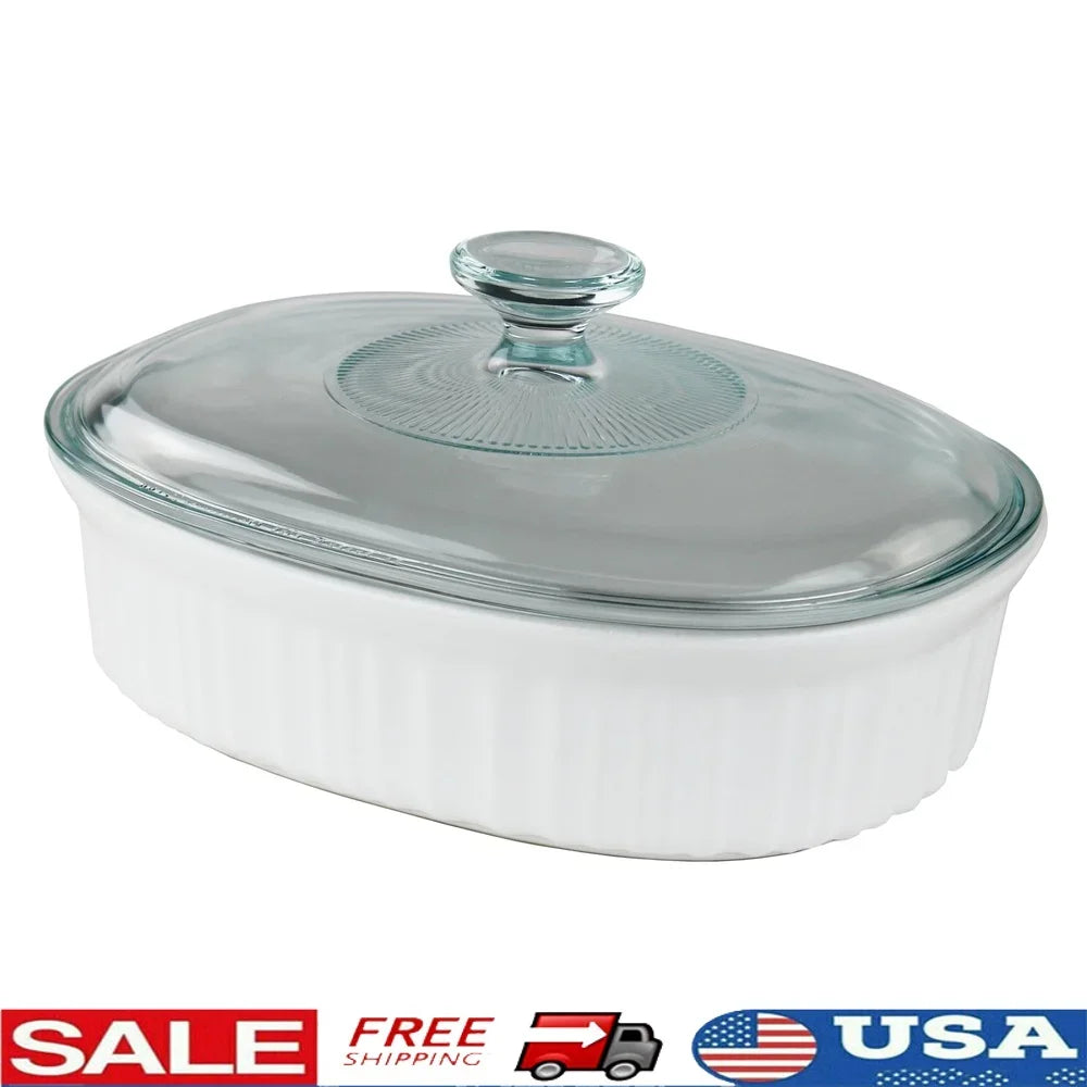 French White Ceramic Casserole Dish Oven Safe Bakeware Set with Glass Lid Durable Non-Porous Stoneware Kitchen to Table Ideal
