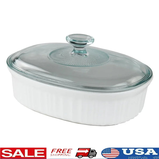 French White Ceramic Casserole Dish Oven Safe Bakeware Set with Glass Lid Durable Non-Porous Stoneware Kitchen to Table Ideal