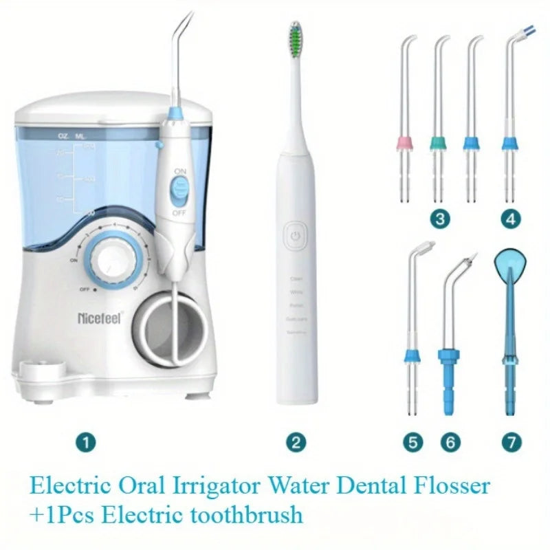 2-in-1 Electric Toothbrush Water Flosser Oral Irrigator 600ML Desktop Water Flosser Dental Irrigation with 7 Nozzles for Homeuse