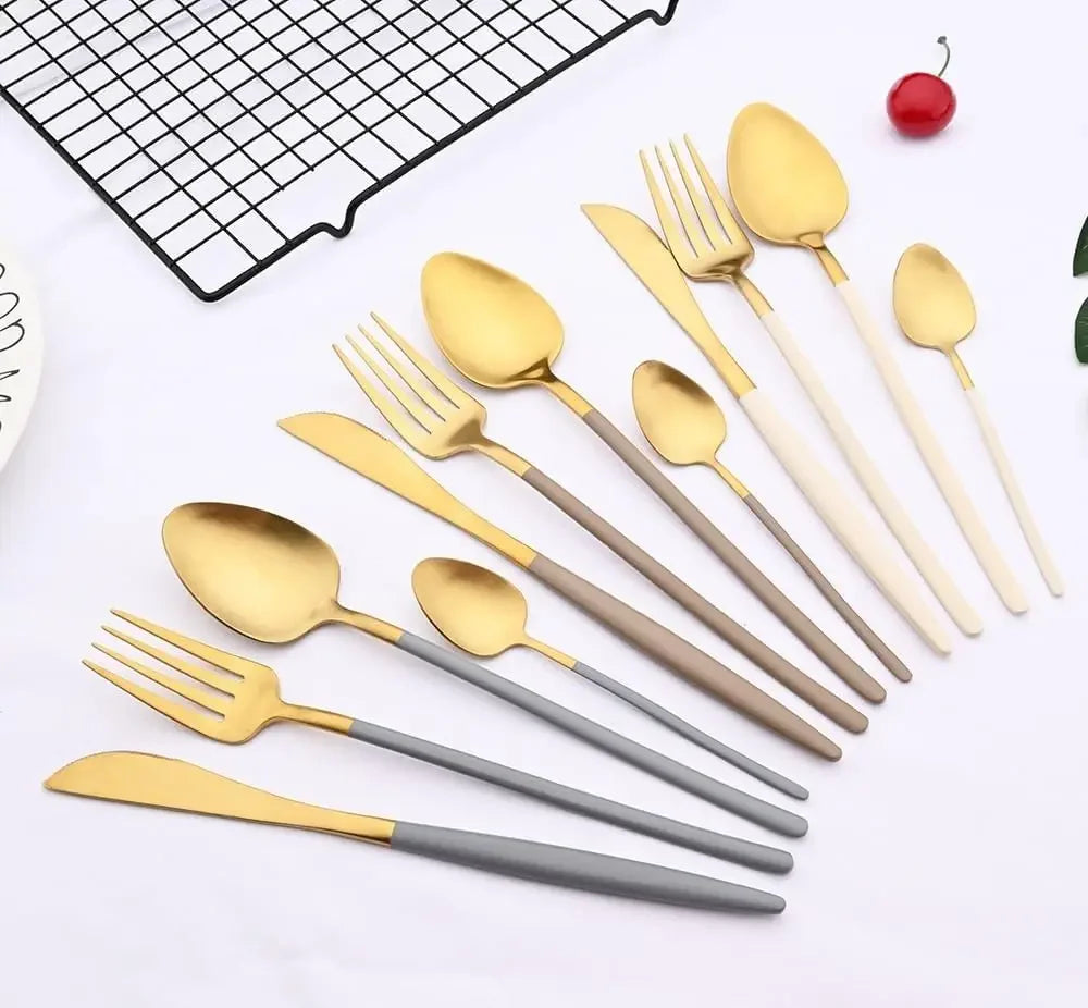Silverware Set, 8-piece Pink Gold Stainless Steel Set(Off-White Silver,6Set)