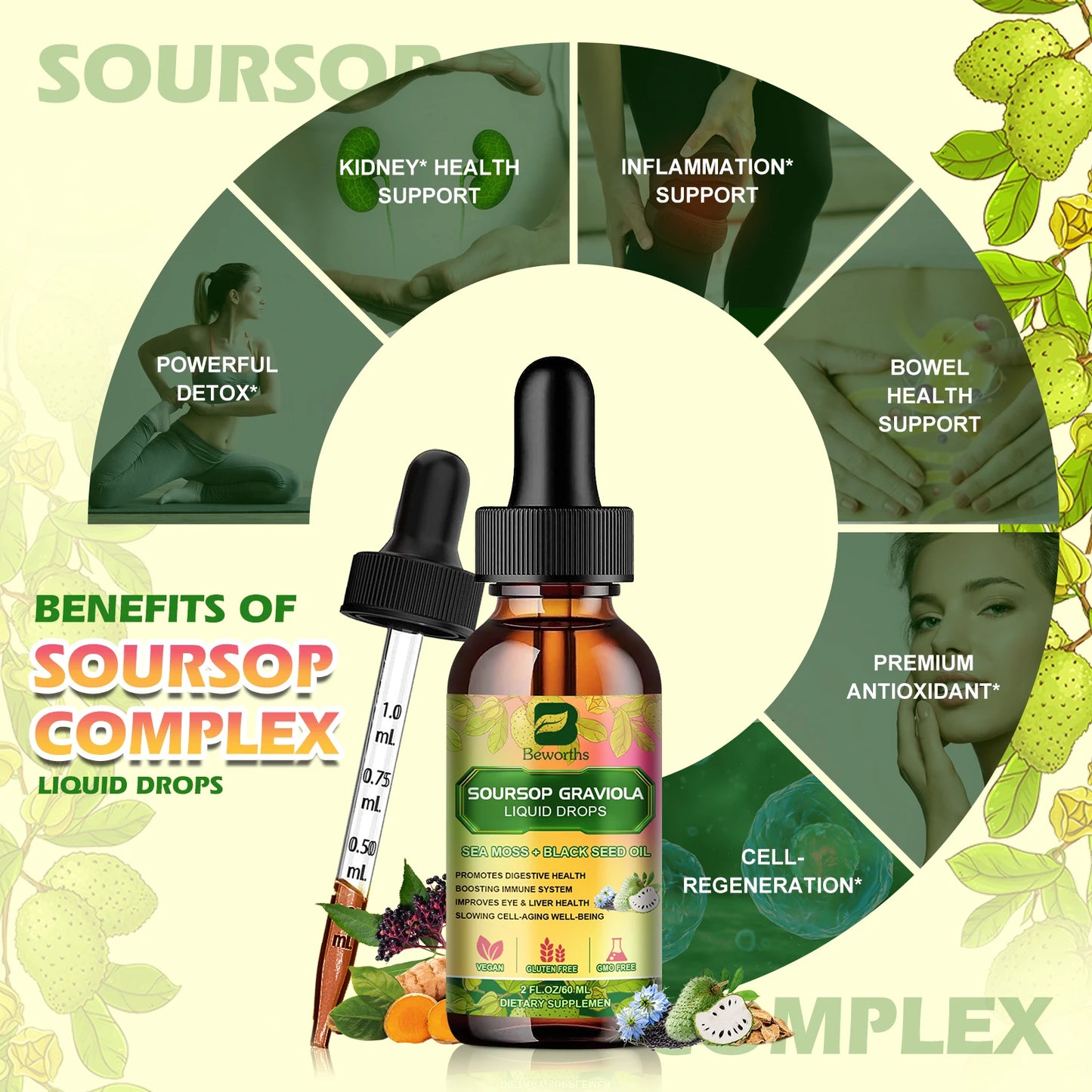 Beworths 60ml Soursop Graviola Extract Drops for Immunity and Kidney Health Detox and Antioxidation Gluten Free