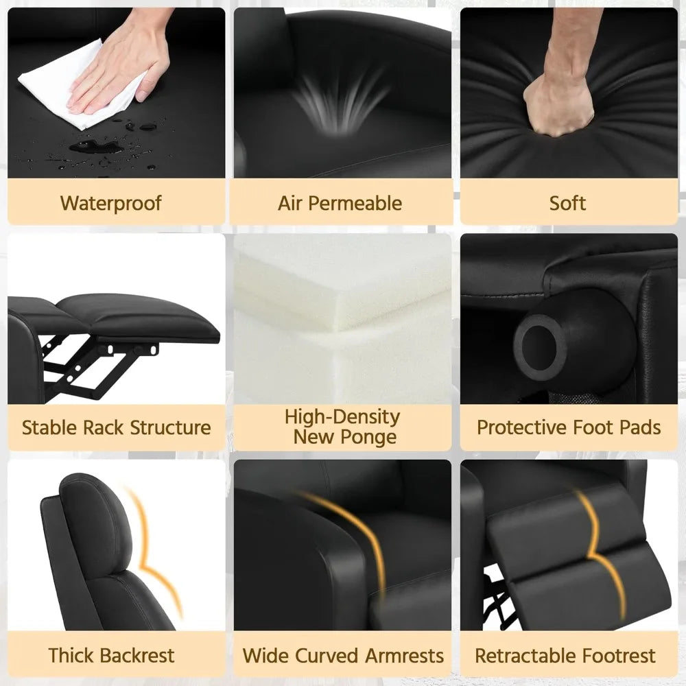 Recliner Chair PU Leather Recliner Sofa Home Theater Seating with Lumbar Support Overstuffed High-Density Sponge Push Back