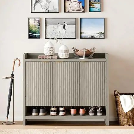 49.4" Fluted Shoe Cabinet, 3 Hinge Doors and 5 Shelves, Shoe Storage Organzier Rack with Handle for Entryway Hallway Bedroom Liv
