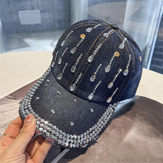 2025 Summer New Women'S Denim Diamond Baseball Cap Casual Fashion Duckbill Cap Sun Hat Strap Adjustable