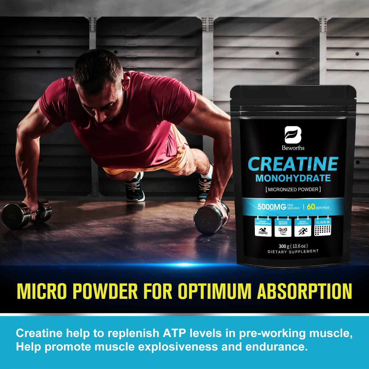 Beworths 300g Creatine Monohydrate Fitness Supplements Build Muscle Endurance Non-GMO Gluten-Free
