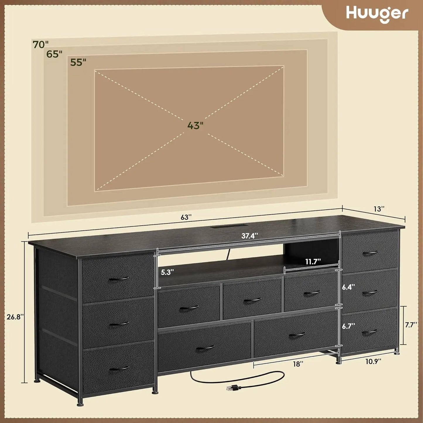 63 Inch TV Stand for 65, 70 Inch TV, 11 Drawer Long Dresser with Power Outlets and LED Lights, Entertainment Center with Storage