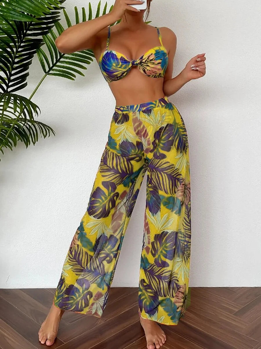 2025 Print Three Piece Bikini With Long Pants Swimsuit Women Swimwear Female Bather Bathing Swimming Swim Suit Beachwear