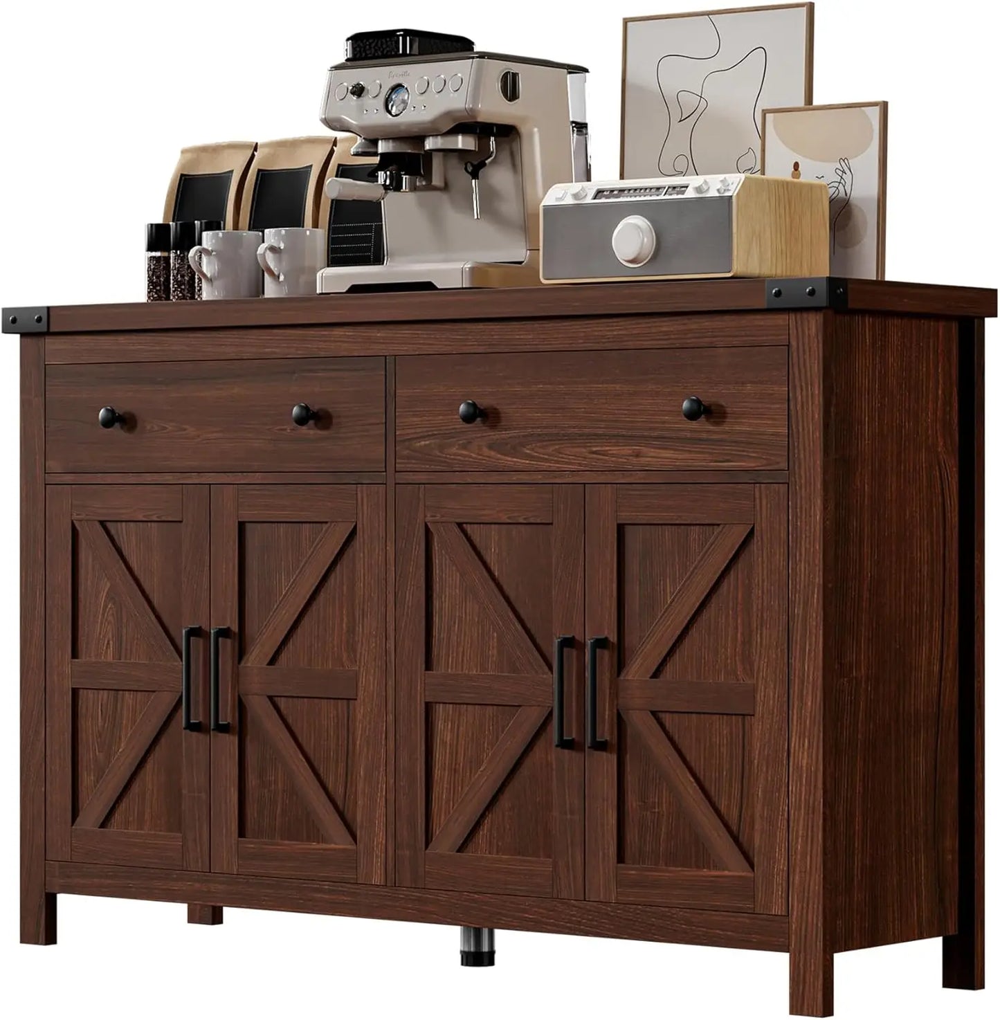 Buffet Cabinet with Storage Farmhouse with 4 Doors and 2 Drawers, 55'' Large Kitchen Storage Cabinet Cherry Wood Coffee Bar