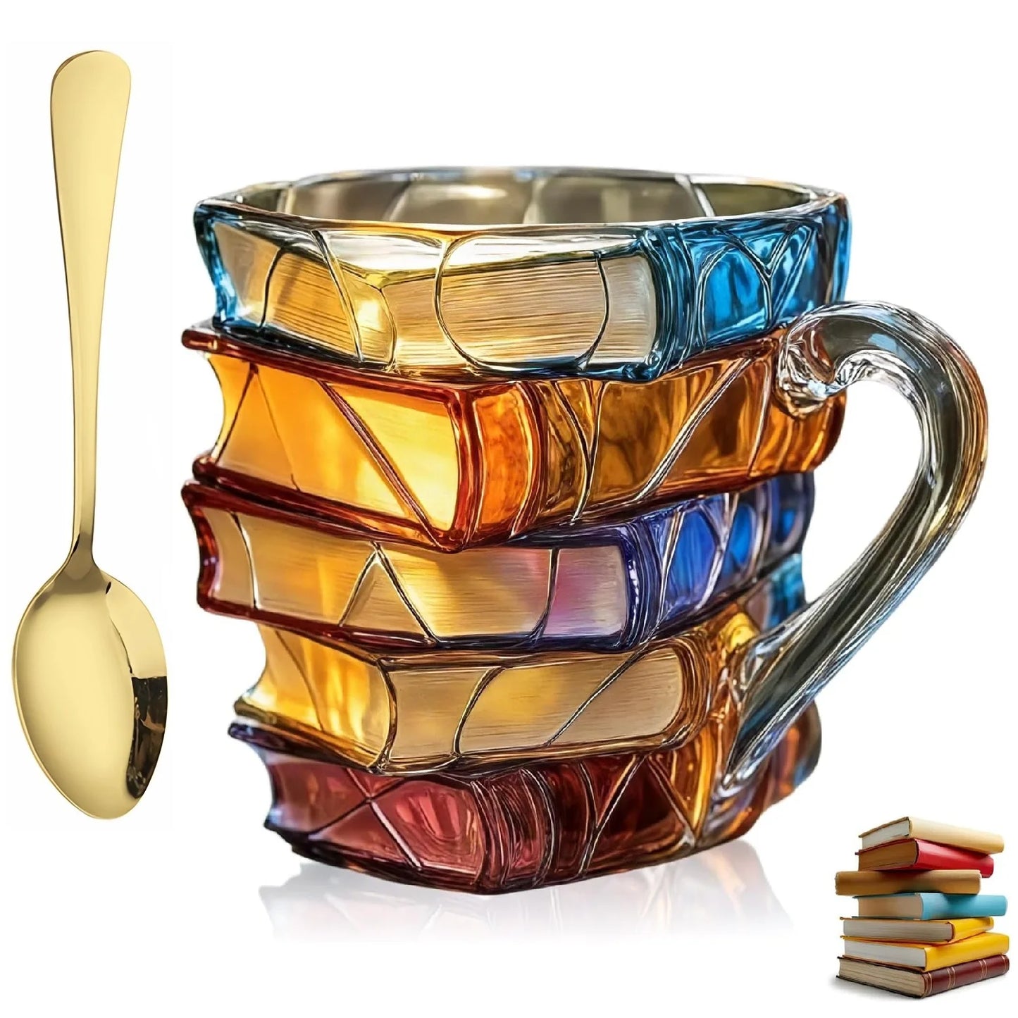 Painted Book Mug, 3D Colored Glass Book Coffee Mug, Novelty Unique Books Stack Coffee Cup, Gifts For Literature Book Lovers