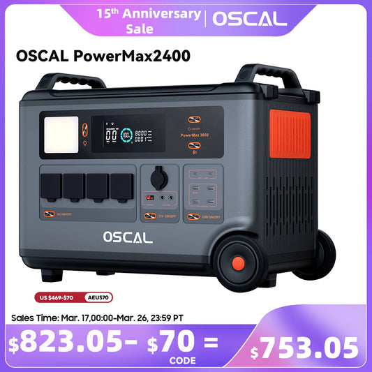 OSCAL PowerMax 2400 Portable Power Station 2400W Solar Generator 1872Wh LiFePO4 Battery with HD Stereo Speakers for Outdoor Camping