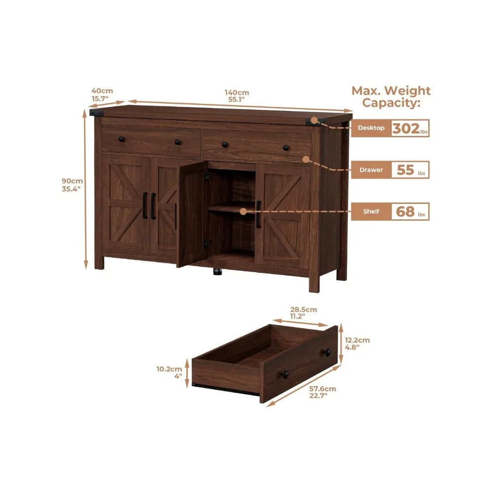 Buffet Cabinet with Storage Farmhouse with 4 Doors and 2 Drawers, 55'' Large Kitchen Storage Cabinet Cherry Wood Coffee Bar
