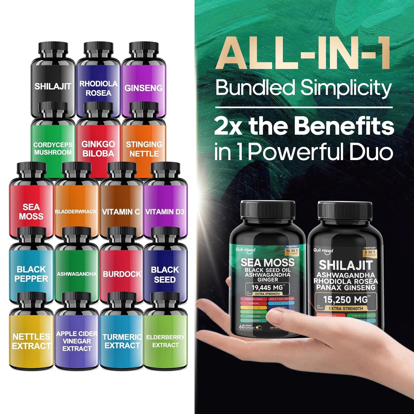 Sea Moss and Shilajit Bundle 120 Capsules with Black Seed Oil Ashwagandha Ginger Burdock Root Turmeric and Black Pepper