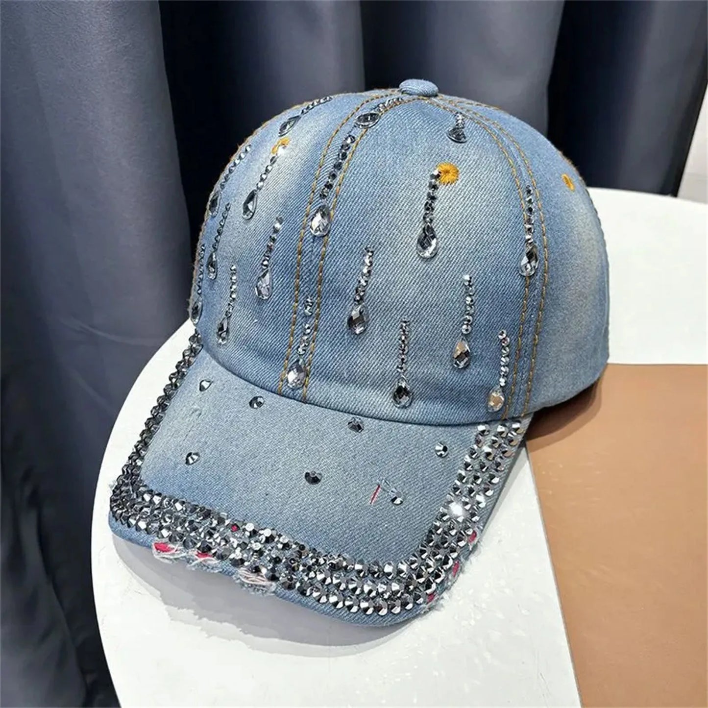 2025 Summer New Women'S Denim Diamond Baseball Cap Casual Fashion Duckbill Cap Sun Hat Strap Adjustable