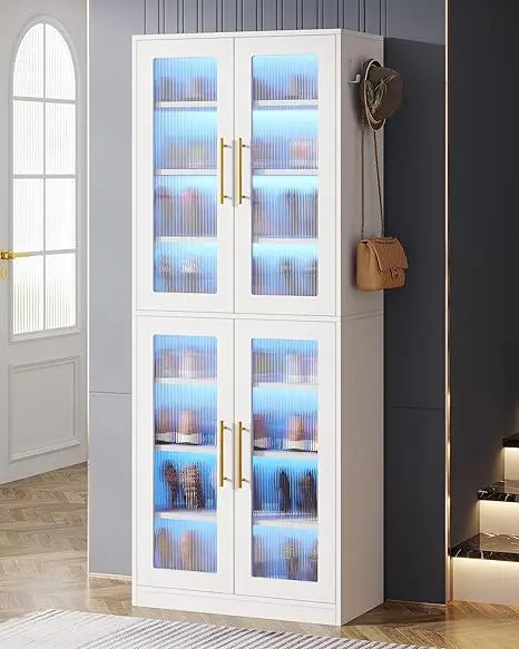 Tall Shoe Storage Cabinet with Acrylic Doors and LED Lights, 8-Tier Entryway Shoe Organizer Rack with Adjustable Shelves and Ha