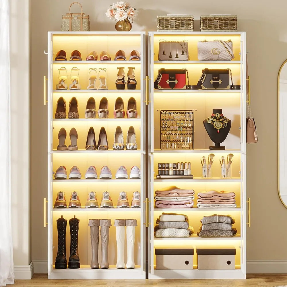 Tall Shoe Storage Cabinet with Acrylic Doors and LED Lights, 8-Tier Entryway Shoe Organizer Rack with Adjustable Shelves and Ha