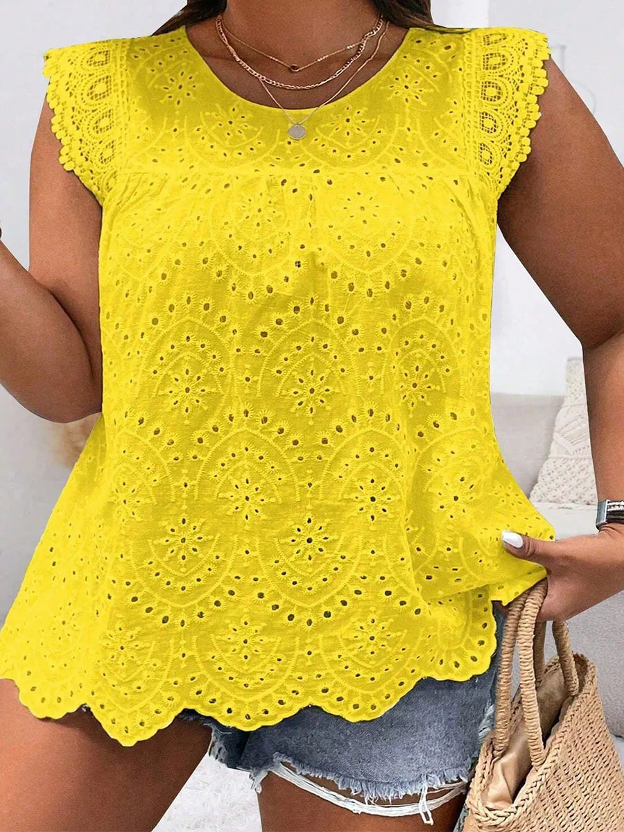 2025 New Fashion Casual Plus Size Shirt Sleeveless Hollow Solid Color Round Neck Lace Simple Versatile Casual T-shirt Top