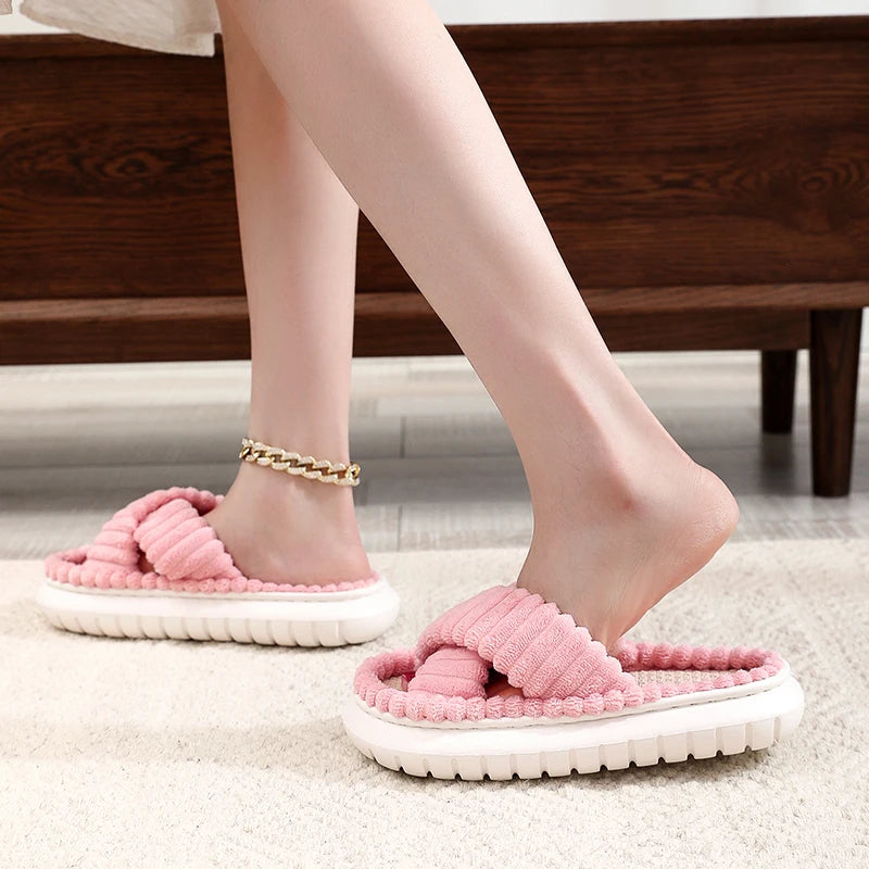 2025 Autumn Winter New Women Home Slippers Open-Toe Cross Band Linen Soled Indoor Slides Linen Soled Non-Slip Bathroom Slippers