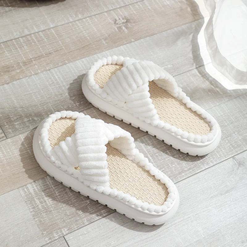 2025 Autumn Winter New Women Home Slippers Open-Toe Cross Band Linen Soled Indoor Slides Linen Soled Non-Slip Bathroom Slippers