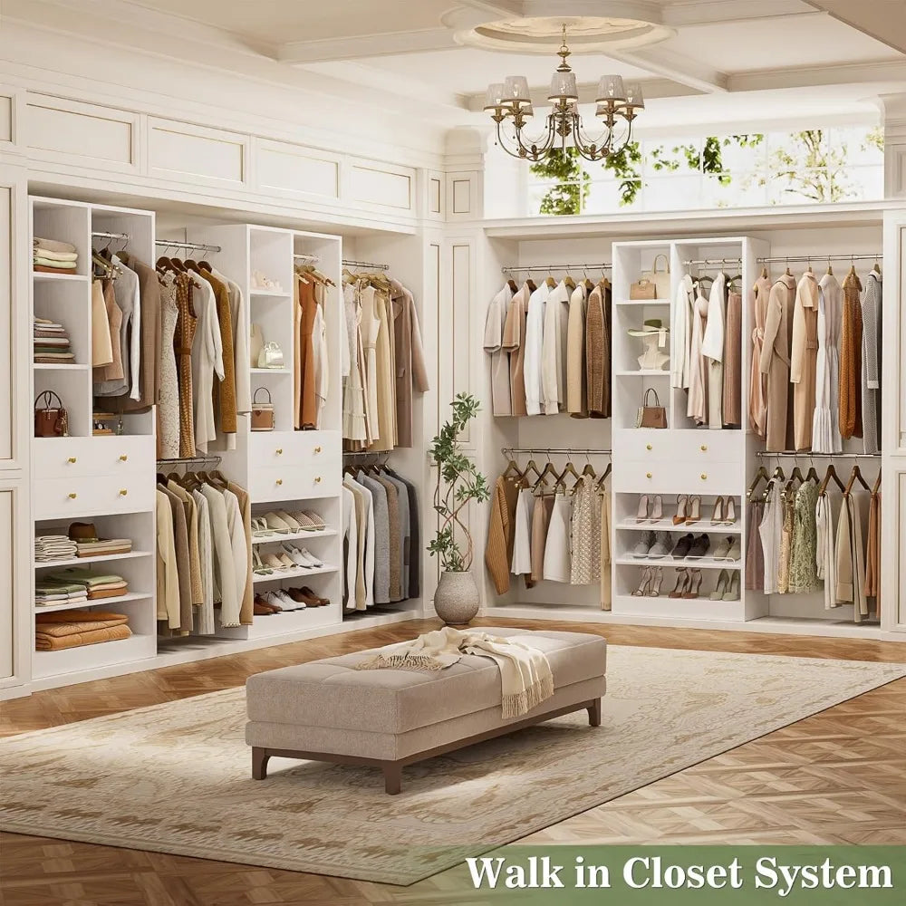 Closet System, 4-8.8 FT Closet Organizer with 2 Wooden Drawers and Shelves, Walk-in Closet System with 5 Hang Rods, Built-in Rea