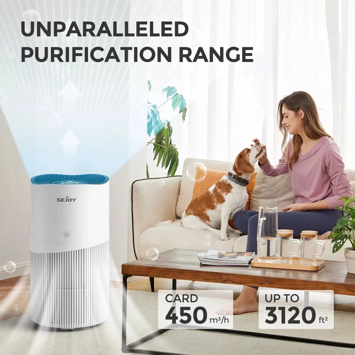 SEJOY 3 Speed HEPA Air Purifier Air Fresh for Home Allergies Dust Pollen CARB Approved Real-Time Air Quality Monitor