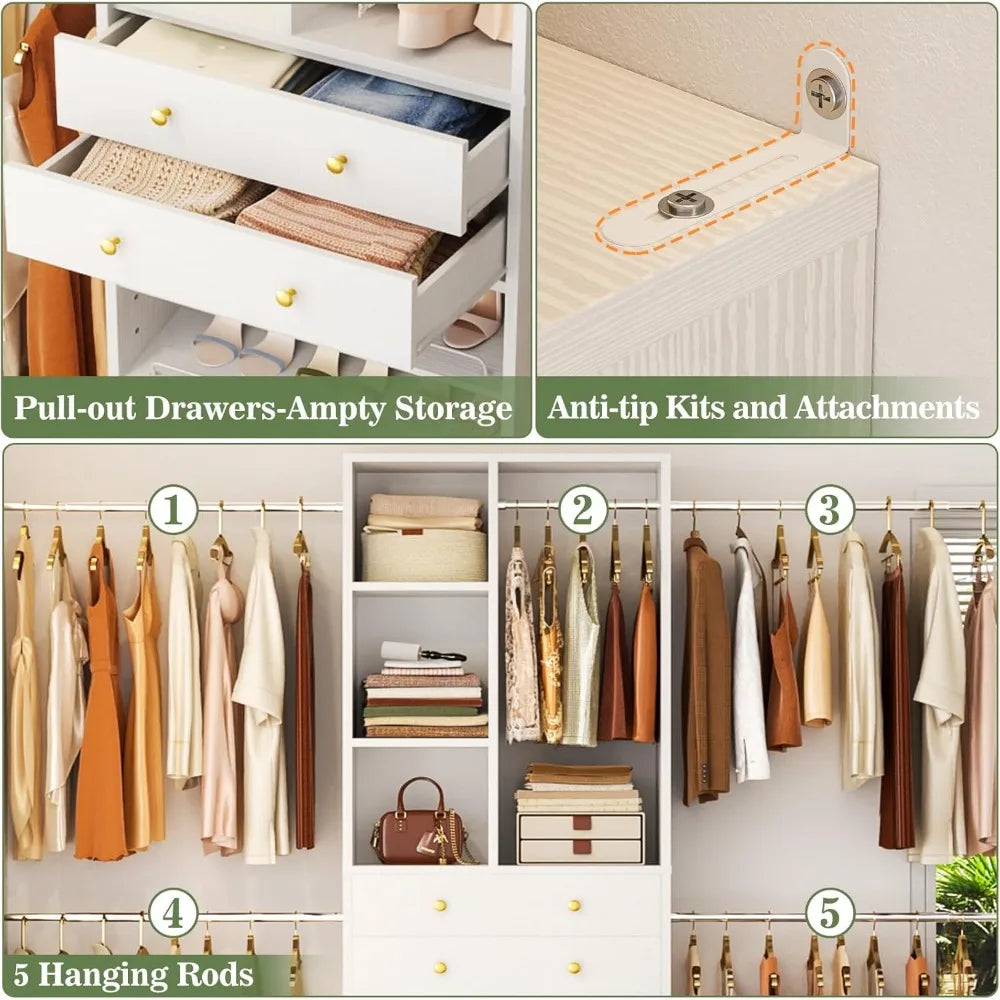 Closet System, 4-8.8 FT Closet Organizer with 2 Wooden Drawers and Shelves, Walk-in Closet System with 5 Hang Rods, Built-in Rea