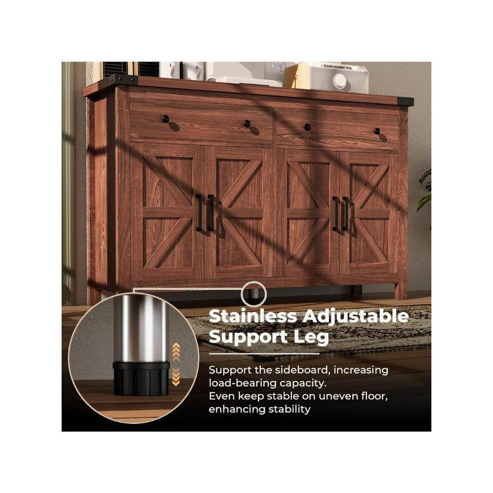 Buffet Cabinet with Storage Farmhouse with 4 Doors and 2 Drawers, 55'' Large Kitchen Storage Cabinet Cherry Wood Coffee Bar