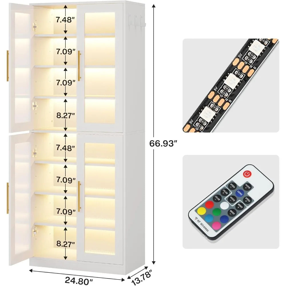 Tall Shoe Storage Cabinet with Acrylic Doors and LED Lights, 8-Tier Entryway Shoe Organizer Rack with Adjustable Shelves and Ha