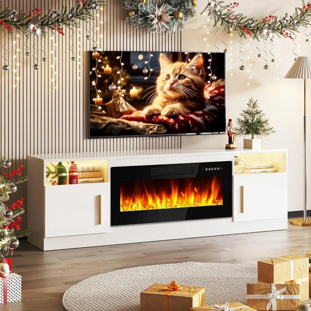 Fireplace TV Stand Entertainment Center with 36" Fireplace, 70" Wooden TV Stand for TVs Up to 80",Media TV Console with High Gl