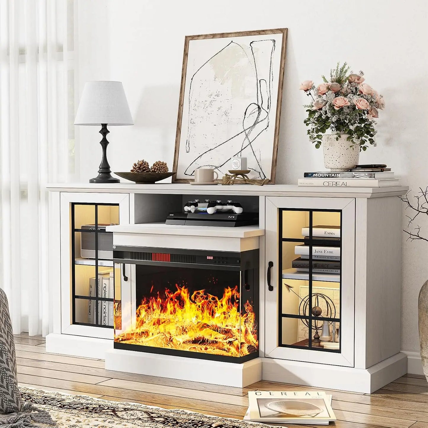 59"Glass Fireplace TV Stand w/ 3-Sided View - Holds 65" TVs | Adjustable Flame LED Colors & Glass Doors
