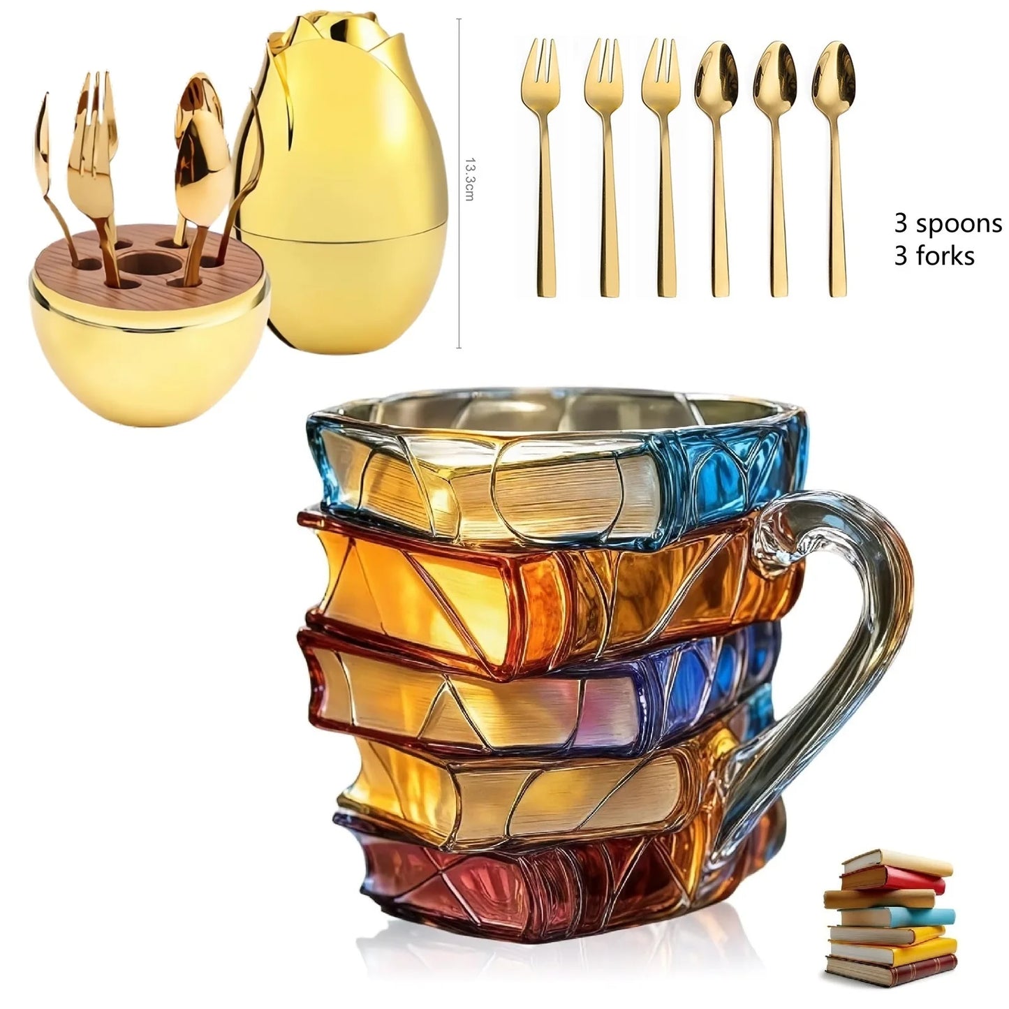 Painted Book Mug, 3D Colored Glass Book Coffee Mug, Novelty Unique Books Stack Coffee Cup, Gifts For Literature Book Lovers