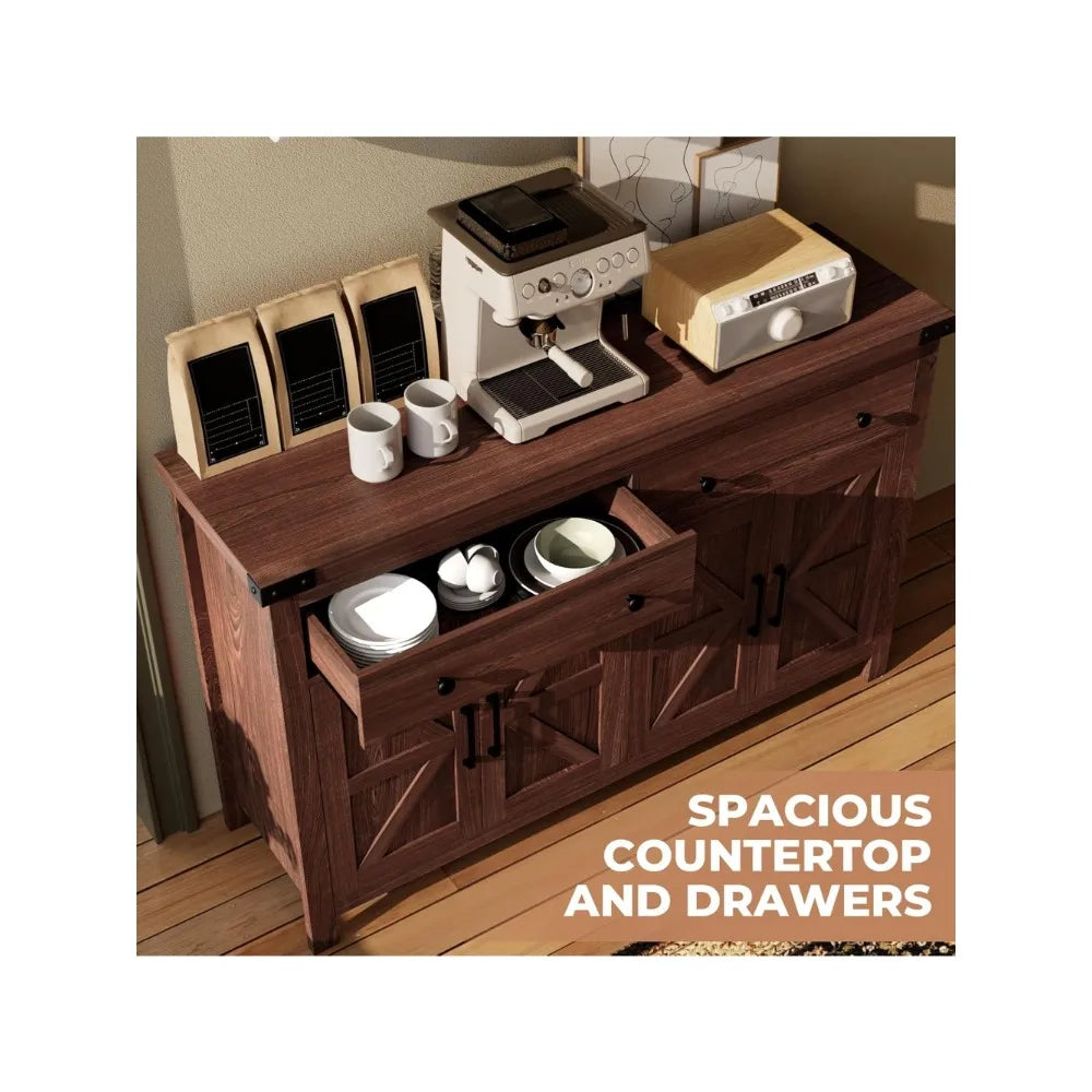 Buffet Cabinet with Storage Farmhouse with 4 Doors and 2 Drawers, 55'' Large Kitchen Storage Cabinet Cherry Wood Coffee Bar