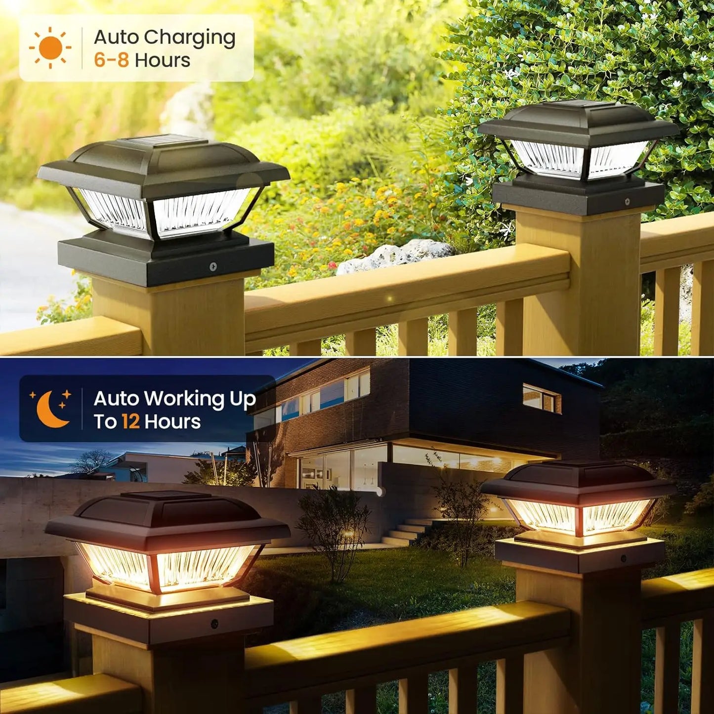 6/12 Pack Solar Post Cap Lights, White/Black, Fits 3.5x3.5-5.5x5.5 Posts for Garden/Fence/Deck/Yard