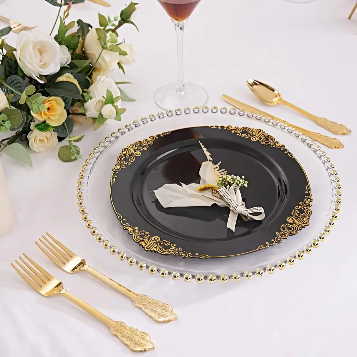 100PCS Black and Gold Plastic Plates - 10.25Inch Black Disposable Plates - Black Plastic Dinner Plates for Wedding & Parties