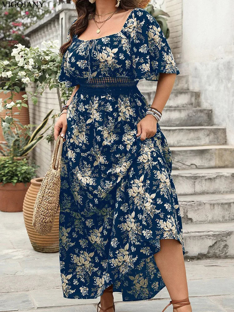 2025 Summer Print Plus Size Long Dress Women Short Sleeve Casual Large Dress Lady Square Collar Chubby Curvy Dresses
