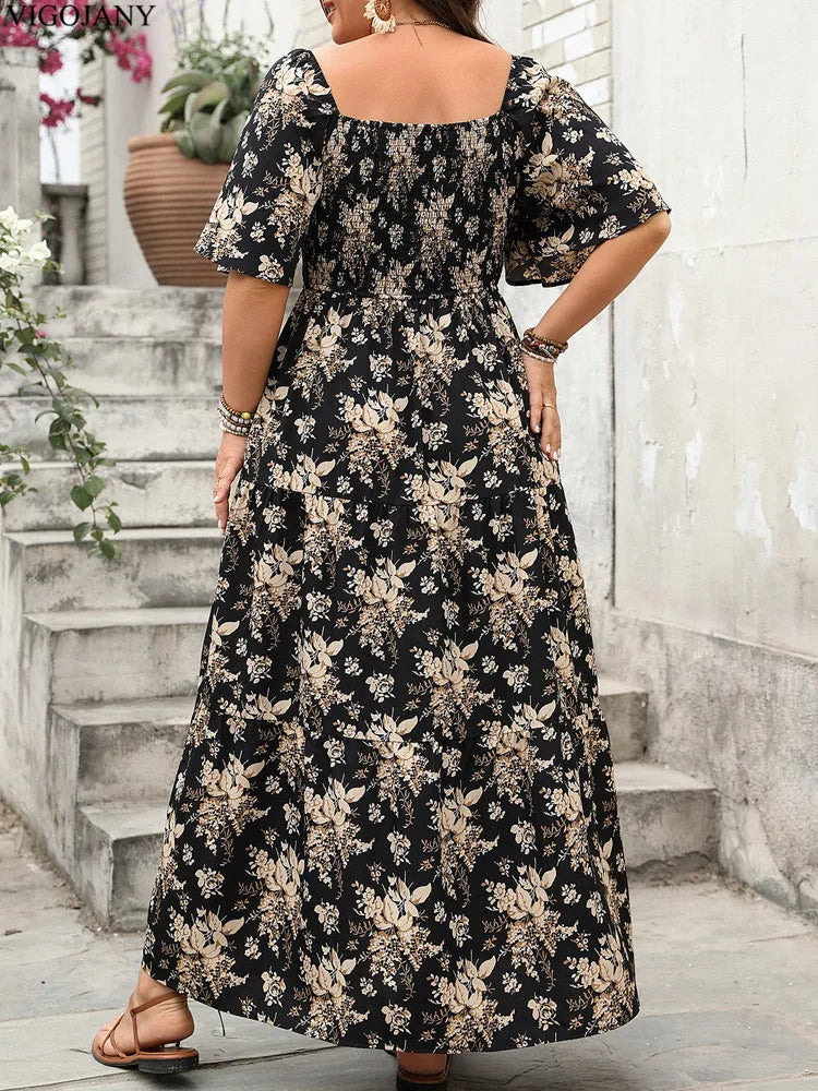 2025 Summer Print Plus Size Long Dress Women Short Sleeve Casual Large Dress Lady Square Collar Chubby Curvy Dresses