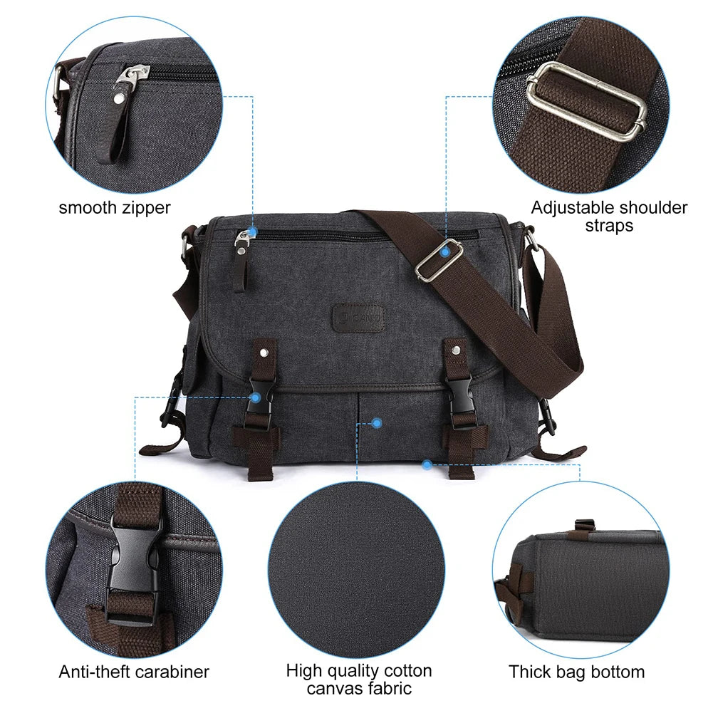 Large Capacity Vintage Crossbody Bag for Men and Women Adjustable Strap Water Resistant Messenger Handbag