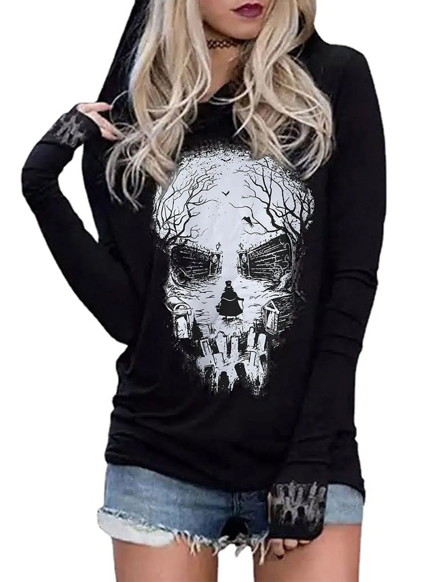 Women s Long Sleeve Halloween Skull Print Hooded Hoodies Shirts Spring Fall Casual Tops Streetwear Fashion Pullover Sweatshirt
