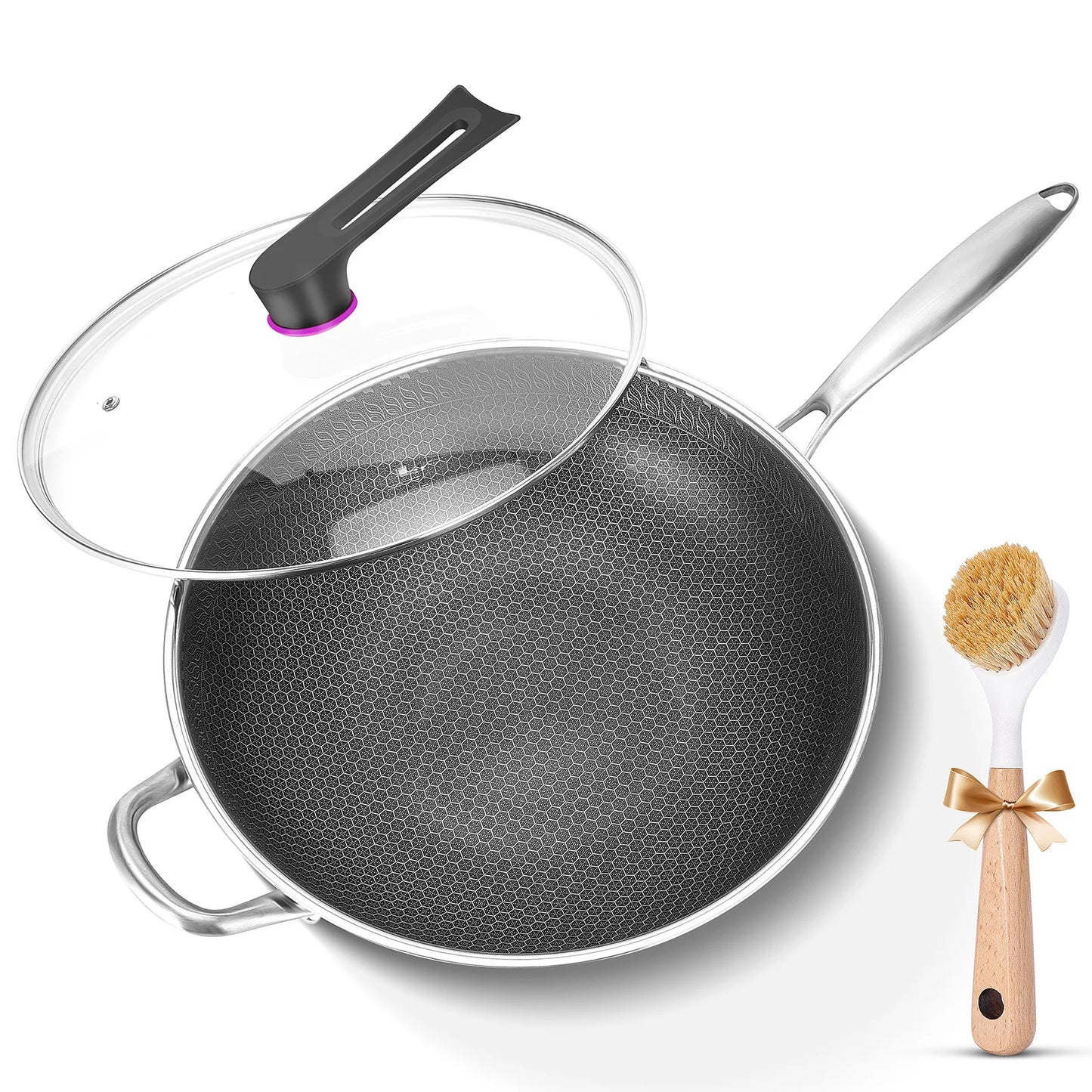 Wok pan,Hybrid 13 inch Wok with Lid, PFOA Free Cookware,non stick Stainless Steel Woks & Stir-fry pans Nonstick